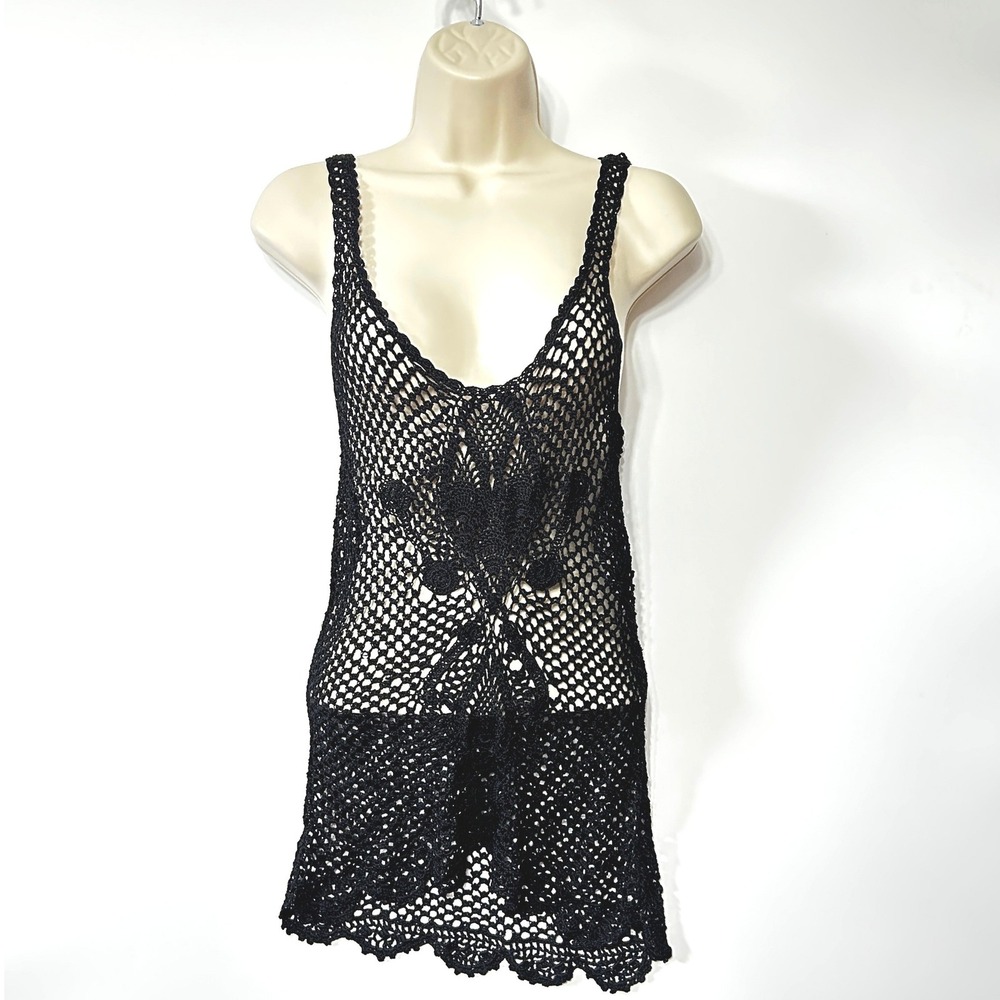 The Limited Hand Knit Crochet Tank Top Black Rayon Mesh Whimsigoth Vintage‎ L